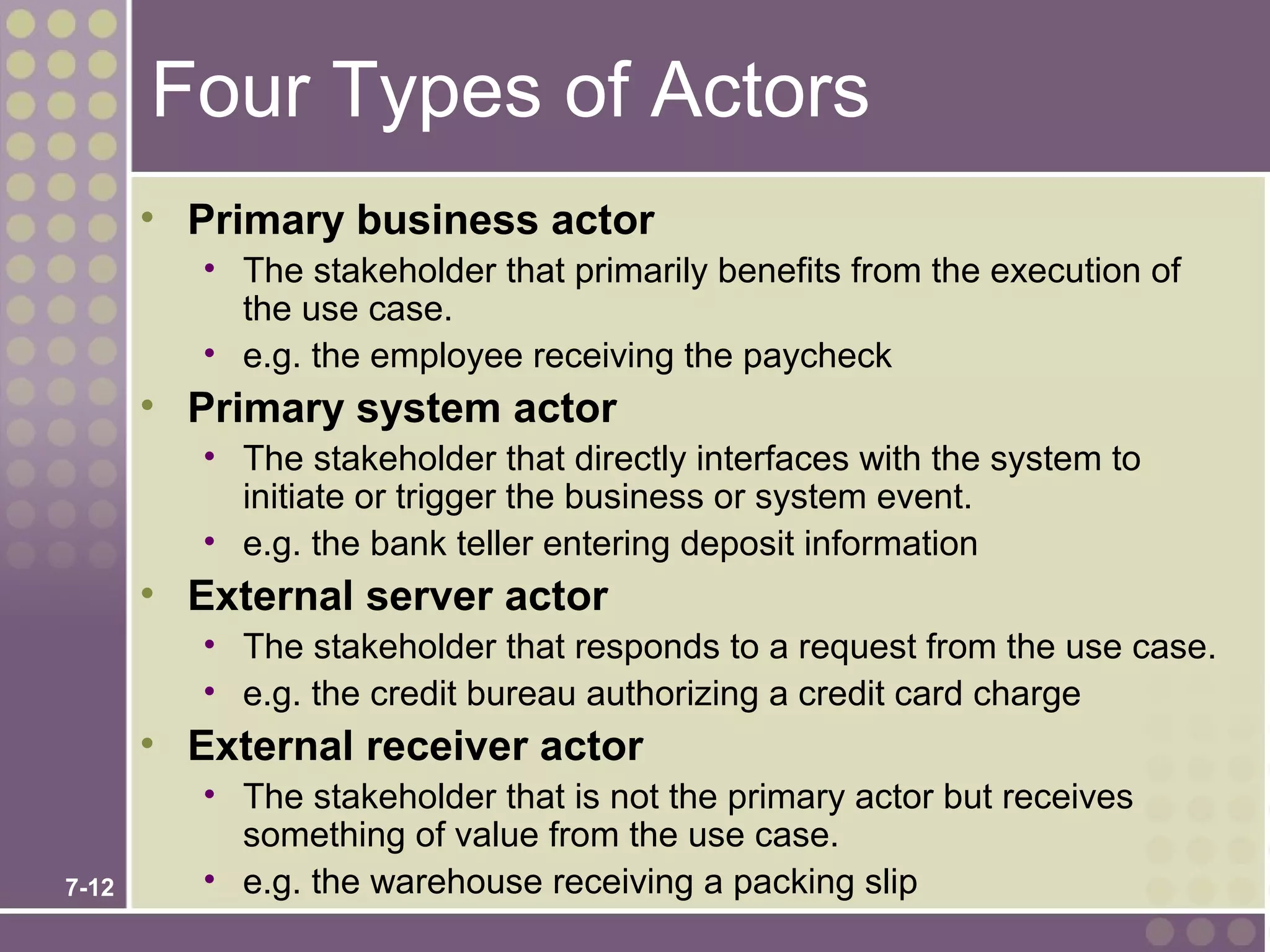 Four Types of Actors
       • Primary business actor
          • The stakeholder that primarily benefits from the execution of
            the use case.
          • e.g. the employee receiving the paycheck
       • Primary system actor
          • The stakeholder that directly interfaces with the system to
            initiate or trigger the business or system event.
          • e.g. the bank teller entering deposit information
       • External server actor
          • The stakeholder that responds to a request from the use case.
          • e.g. the credit bureau authorizing a credit card charge
       • External receiver actor
          • The stakeholder that is not the primary actor but receives
            something of value from the use case.
7-12      • e.g. the warehouse receiving a packing slip
 