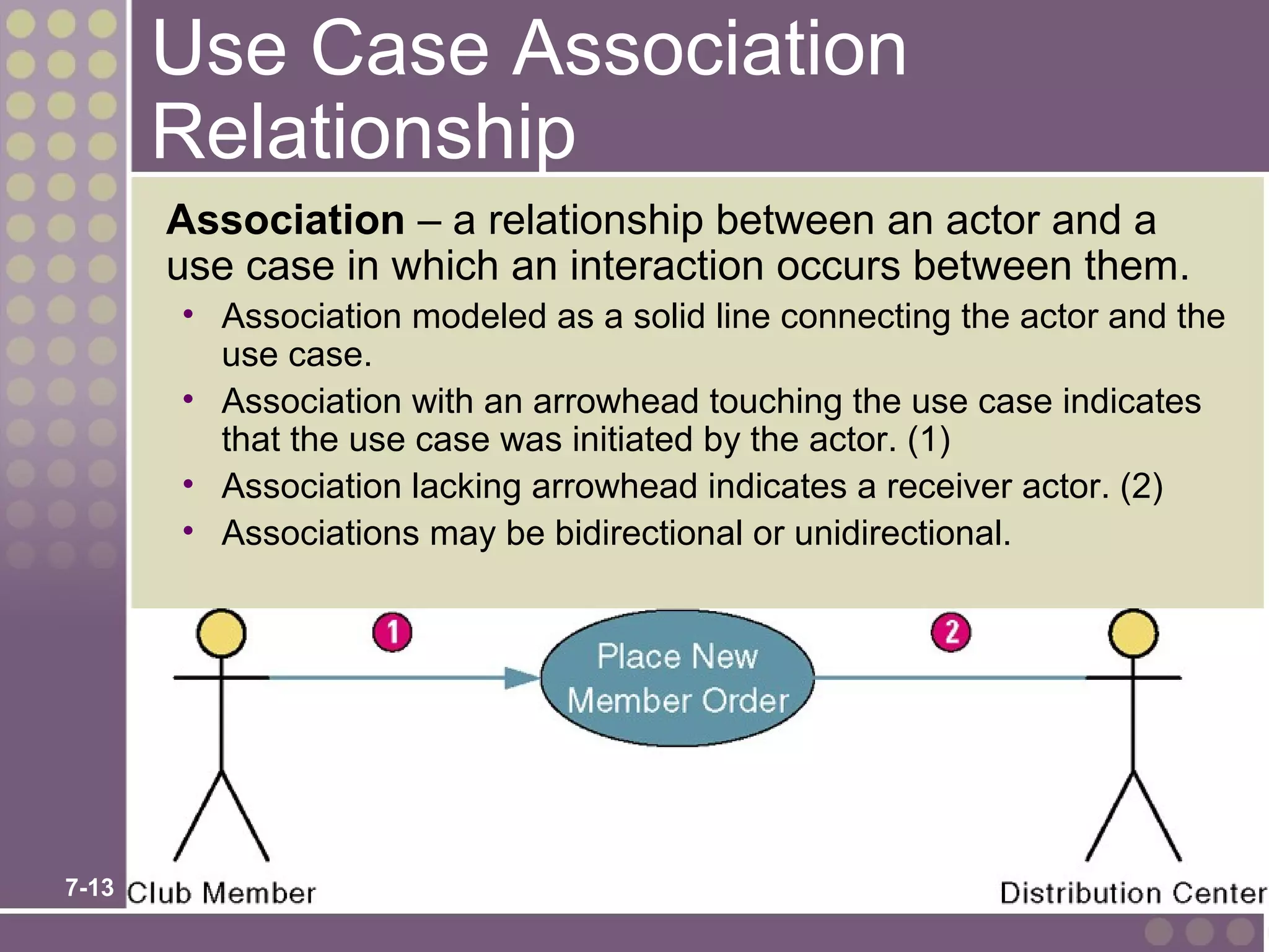 Use Case Association
       Relationship
       Association – a relationship between an actor and a
       use case in which an interaction occurs between them.
       • Association modeled as a solid line connecting the actor and the
         use case.
       • Association with an arrowhead touching the use case indicates
         that the use case was initiated by the actor. (1)
       • Association lacking arrowhead indicates a receiver actor. (2)
       • Associations may be bidirectional or unidirectional.




7-13
 
