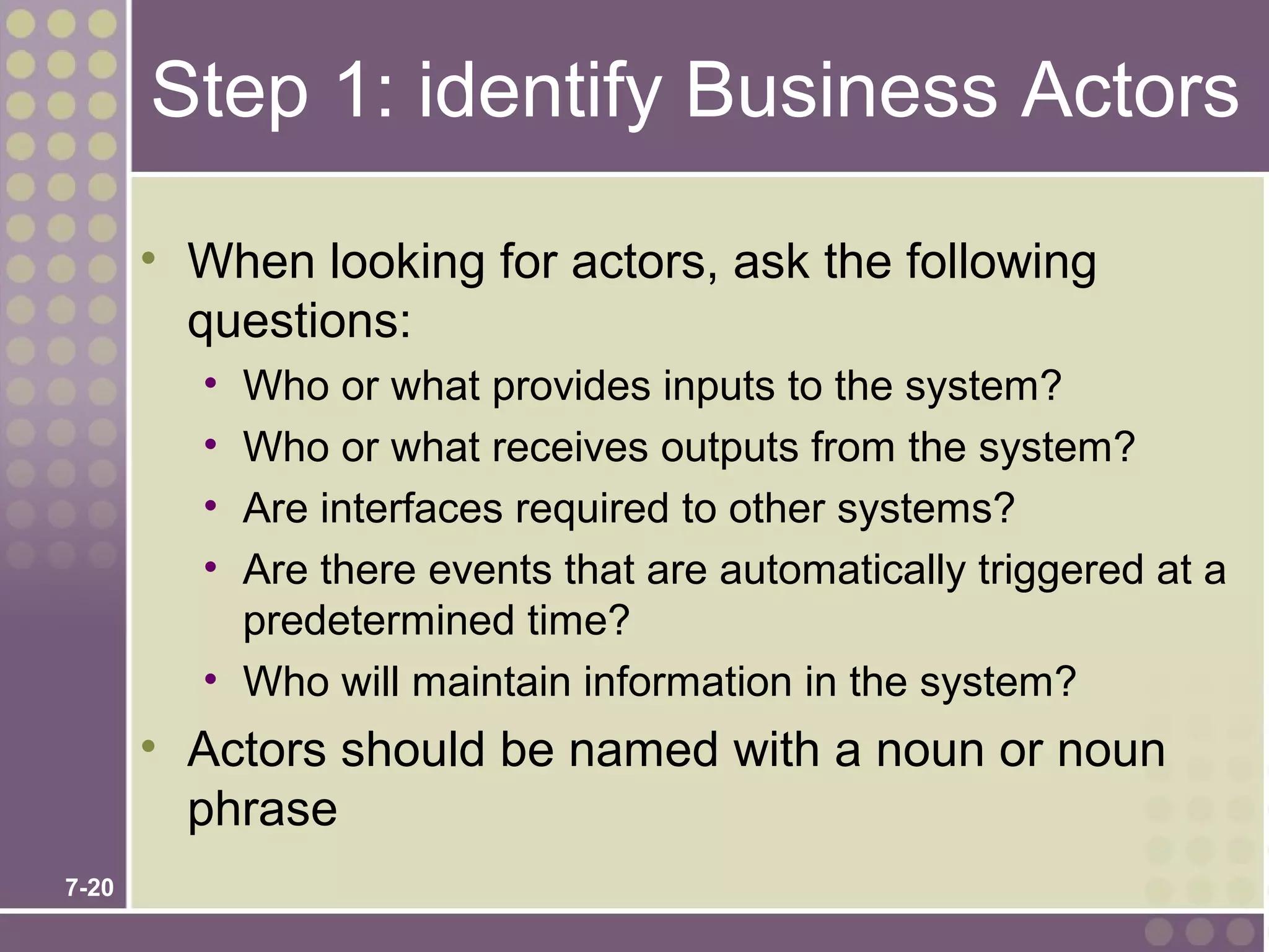 Step 1: identify Business Actors

       • When looking for actors, ask the following
         questions:
         • Who or what provides inputs to the system?
         • Who or what receives outputs from the system?
         • Are interfaces required to other systems?
         • Are there events that are automatically triggered at a
           predetermined time?
         • Who will maintain information in the system?
       • Actors should be named with a noun or noun
         phrase
7-20
 