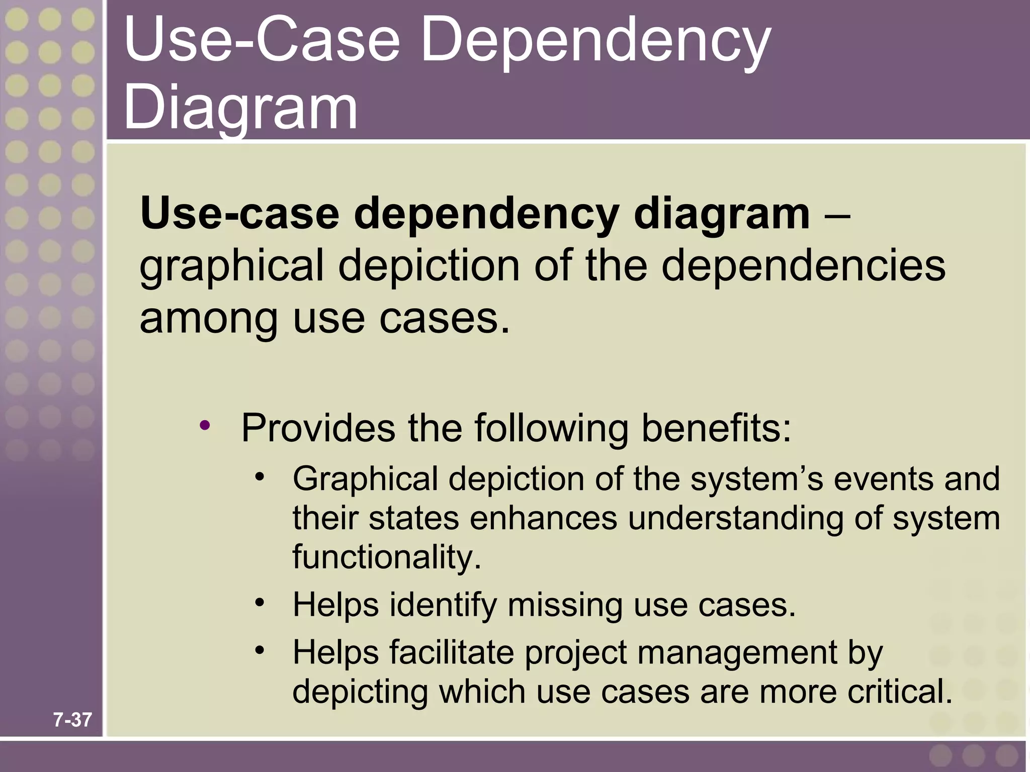 Use-Case Dependency
       Diagram
       Use-case dependency diagram –
       graphical depiction of the dependencies
       among use cases.

         • Provides the following benefits:
            • Graphical depiction of the system’s events and
              their states enhances understanding of system
              functionality.
            • Helps identify missing use cases.
            • Helps facilitate project management by
              depicting which use cases are more critical.
7-37
 