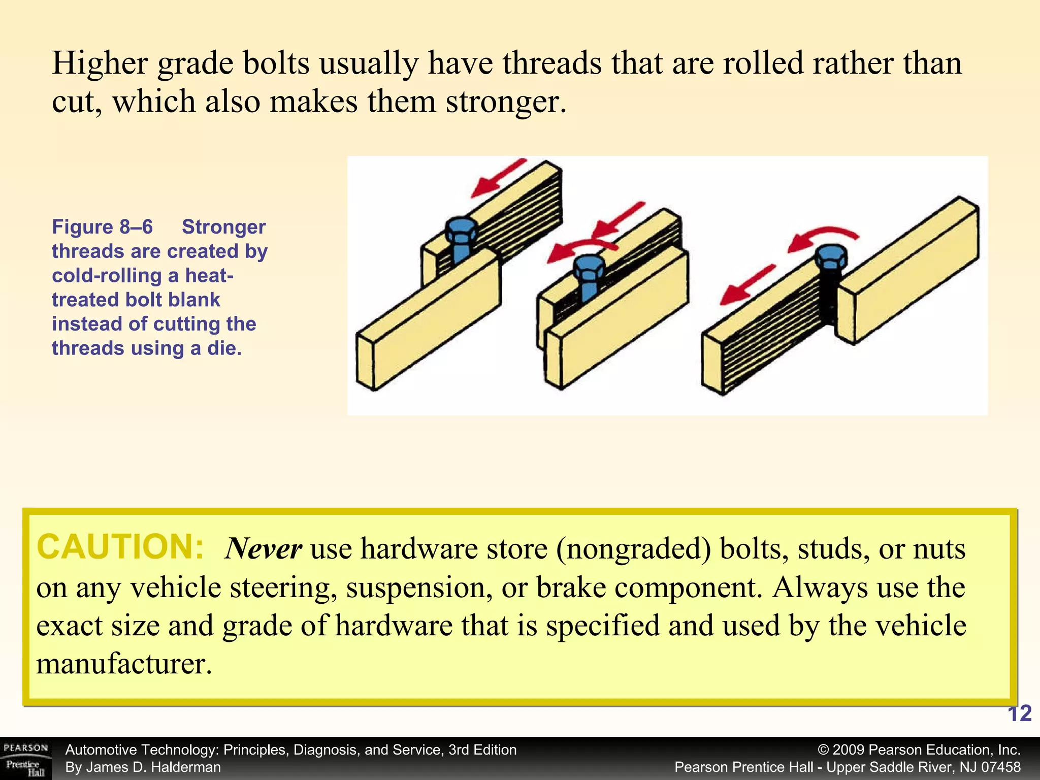 Higher grade bolts usually have threads that are rolled rather than cut, which also makes them stronger.  CAUTION:   Never   use hardware store (nongraded) bolts, studs, or nuts on any vehicle steering, suspension, or brake component. Always use the exact size and grade of hardware that is specified and used by the vehicle manufacturer. Figure 8–6 Stronger threads are created by cold-rolling a heat-treated bolt blank instead of cutting the threads using a die. 