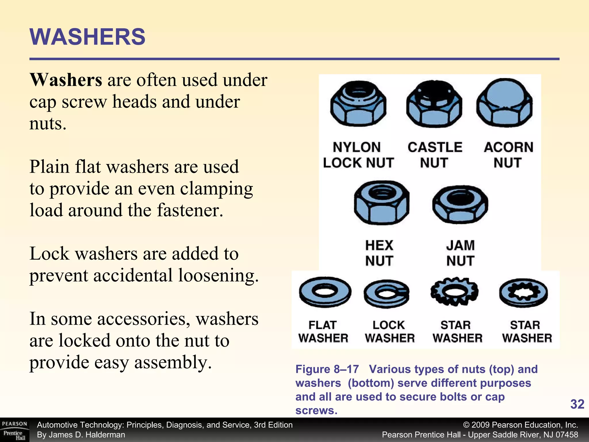 WASHERS Washers  are often used under cap screw heads and under nuts. Plain flat washers are used to provide an even clamping load around the fastener. Lock washers are added to prevent accidental loosening. In some accessories, washers are locked onto the nut to provide easy assembly. Figure 8–17 Various types of nuts (top) and washers  (bottom) serve different purposes and all are used to secure bolts or cap screws. 
