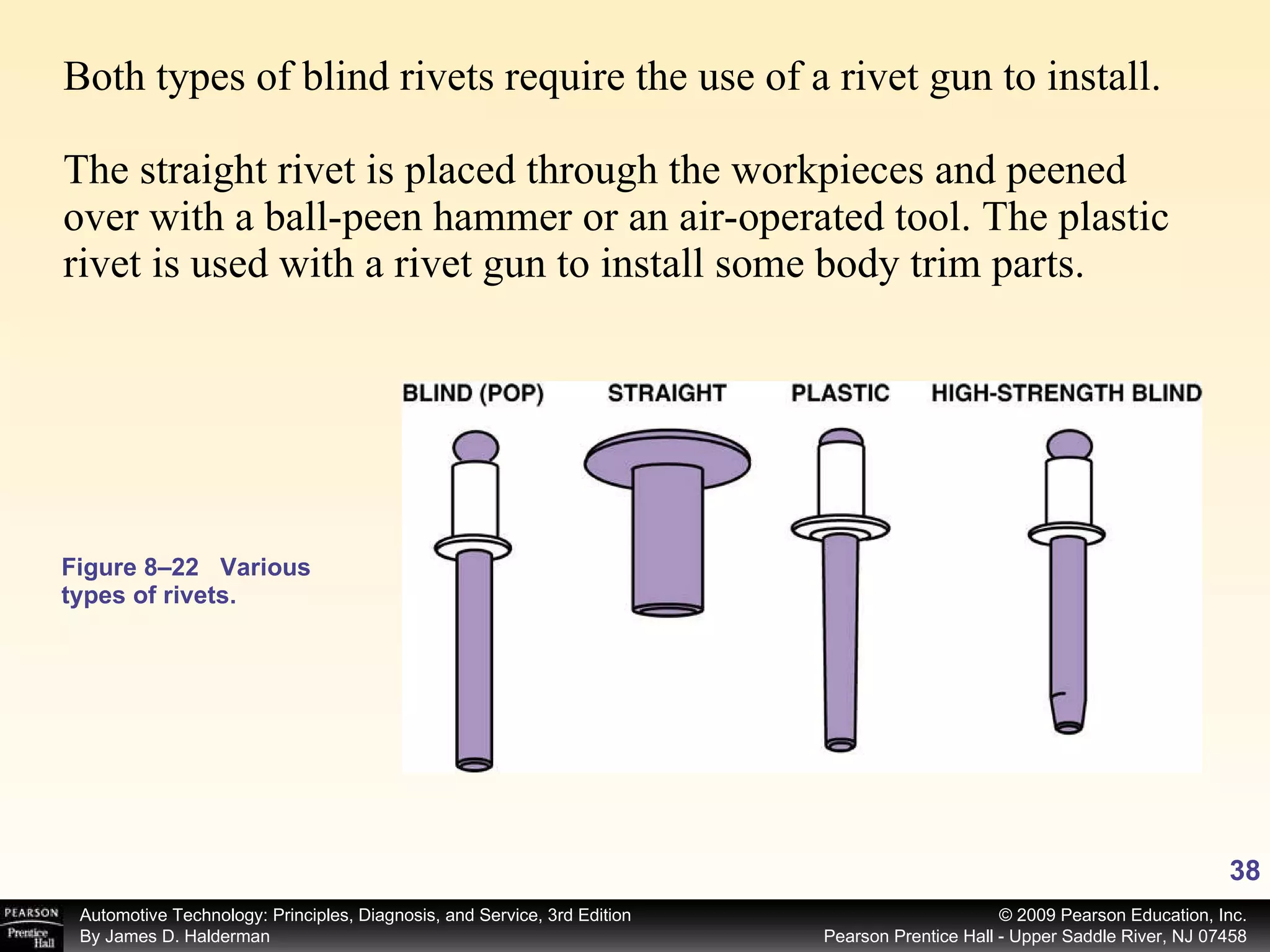 Both types of blind rivets require the use of a rivet gun to install.  The straight rivet is placed through the workpieces and peened over with a ball-peen hammer or an air-operated tool. The plastic rivet is used with a rivet gun to install some body trim parts.  Figure 8–22 Various types of rivets. 