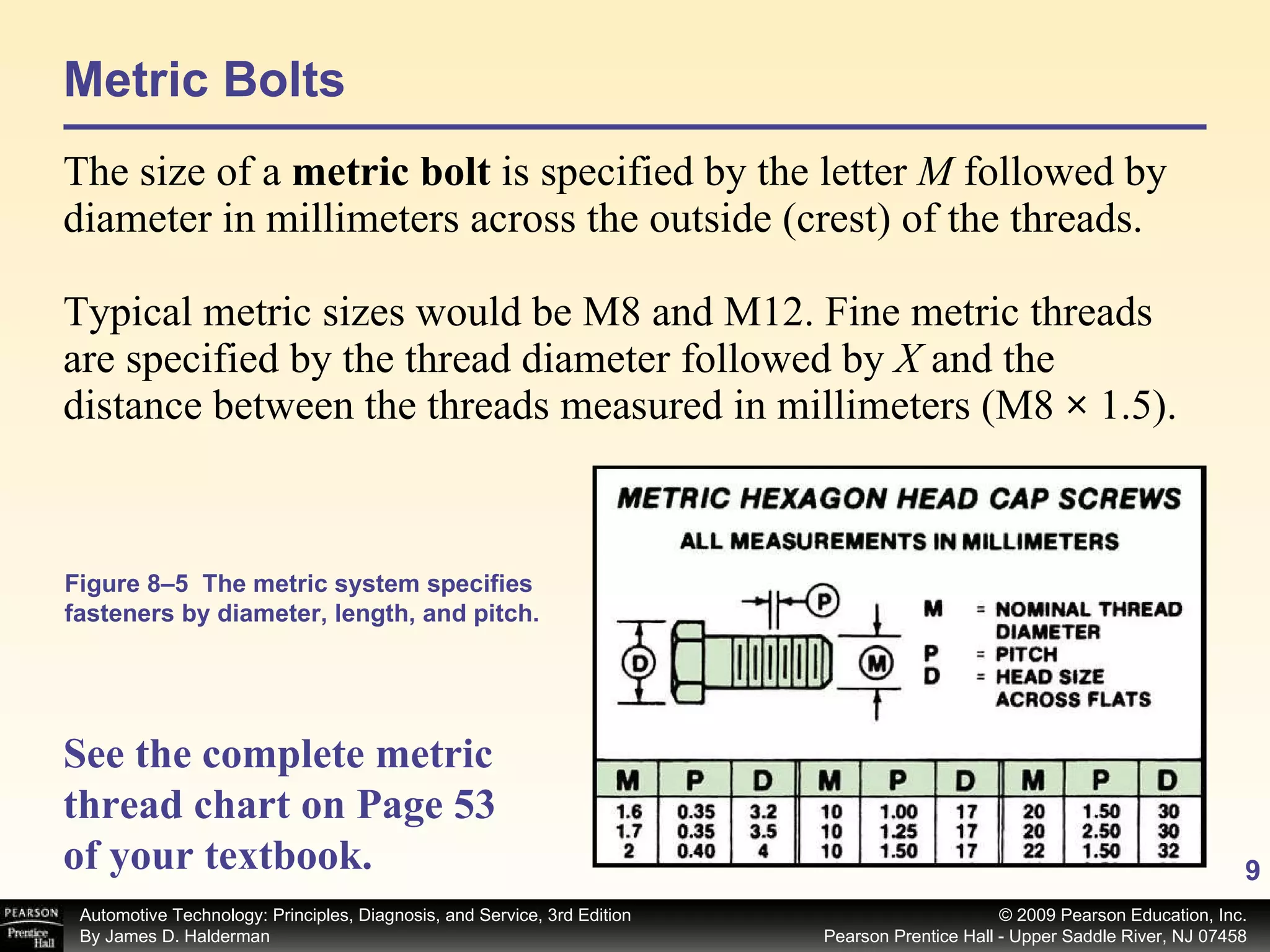 Metric Bolts The size of a  metric bolt  is specified by the letter  M  followed by diameter in millimeters across the outside (crest) of the threads. Typical metric sizes would be M8 and M12. Fine metric threads are specified by the thread diameter followed by  X  and the distance between the threads measured in millimeters (M8  ×  1.5). See the complete metric thread chart on Page 53 of your textbook.   Figure 8–5  The metric system specifies fasteners by diameter, length, and pitch. 