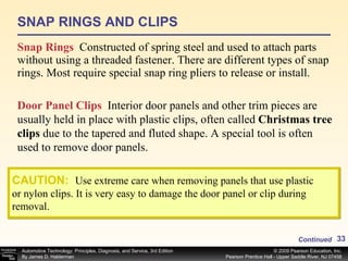 SNAP RINGS AND CLIPS Snap Rings   Constructed of spring steel and used to attach parts without using a threaded fastener. There are different types of snap rings. Most require special snap ring pliers to release or install. Door Panel Clips   Interior door panels and other trim pieces are usually held in place with plastic clips, often called  Christmas tree clips  due to the tapered and fluted shape. A special tool is often used to remove door panels. CAUTION:   Use extreme care when removing panels that use plastic or nylon clips. It is very easy to damage the door panel or clip during removal. Continued 