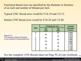 Fractional thread sizes are specified by the diameter in fractions of an inch and number of threads per inch. Typical UNC thread sizes would be 5/16-18 and 1/2-13. Similar UNF thread sizes would be 5/16-24 and 1/2-20.  Figure 8–4 The American National System is one method of sizing fasteners.  See the complete ANS thread chart on Page 52 of your textbook.   
