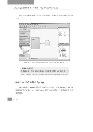 Spring 2.0   良信林（冊手術技           – http://openhome.cc        ）

    ，上輯編的程流面頁在而                     S un Java Studio Creator   計設的化視可供提也
              ：式方




                  圖   8.15 Sun Java Studio Creator   輯編程流面頁的化視可


          於關有多更到找上站網的我在以可，話的趣興有                                JSF   ：紹介的
          http://caterpillar.onlyfun.net/Gossip/JSF/JavaServerFaces.htm




    8.4.2 在 JSF 中整合 Spring

    容 的 JSF 過 不，能 功 的 入 注 賴 依 有 理 管 的 於 對 身 本
                        Bean                                         Spring   IoC
    可也上理處易交在，架框 有還               面 方 一另， 能 功 的 多 更 供 提 器
                                     Spring          AOP
                                               。助協供提
8   4
 
