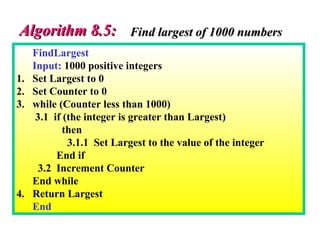 FindLargest
Input: 1000 positive integers
1. Set Largest to 0
2. Set Counter to 0
3. while (Counter less than 1000)
3.1 if (the integer is greater than Largest)
then
3.1.1 Set Largest to the value of the integer
End if
3.2 Increment Counter
End while
4. Return Largest
End
Algorithm 8.5:Algorithm 8.5: Find largest of 1000 numbersFind largest of 1000 numbers
 