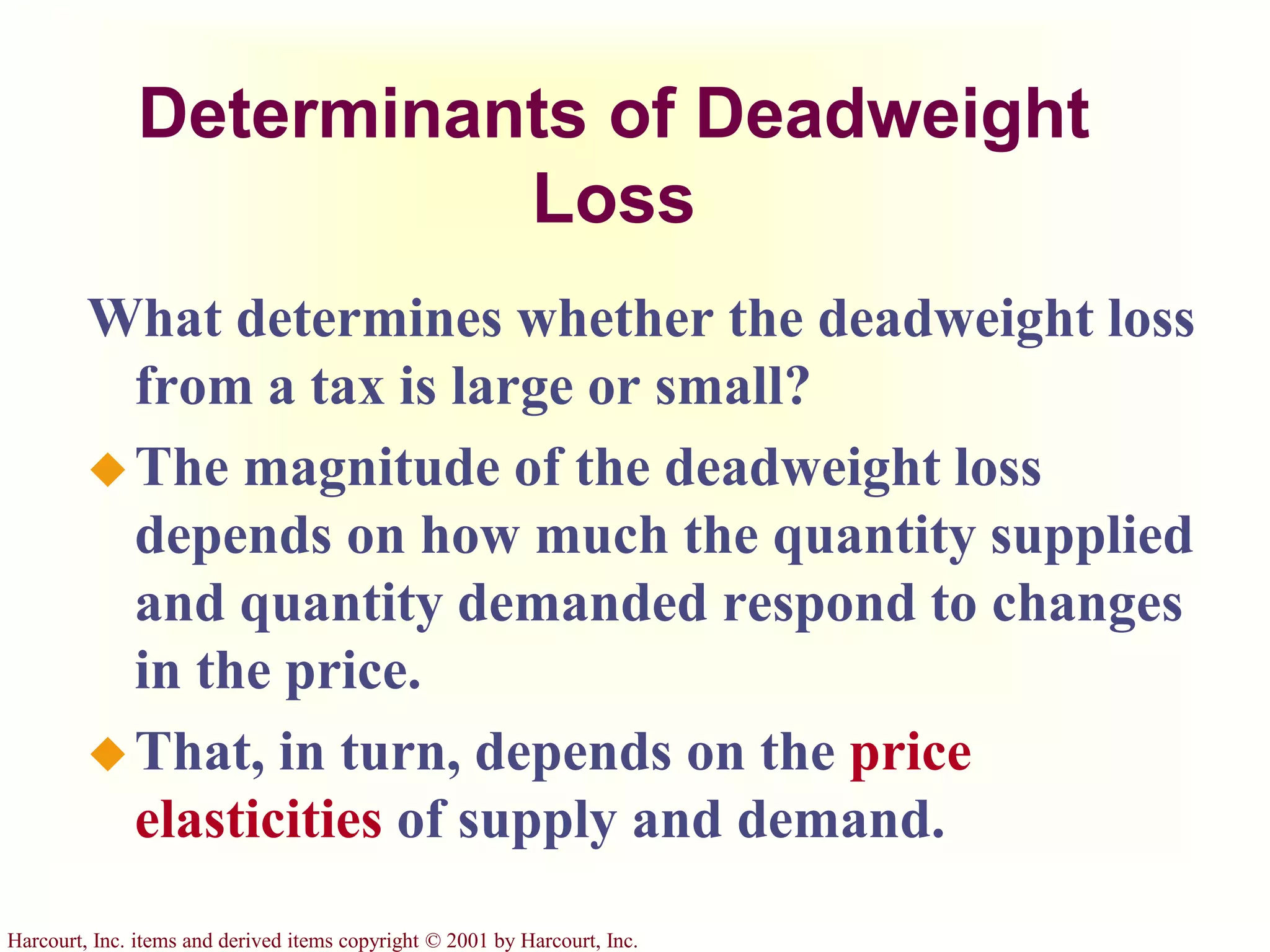 Harcourt, Inc. items and derived items copyright © 2001 by Harcourt, Inc.
Determinants of Deadweight
Loss
What determines whether the deadweight loss
from a tax is large or small?
The magnitude of the deadweight loss
depends on how much the quantity supplied
and quantity demanded respond to changes
in the price.
That, in turn, depends on the price
elasticities of supply and demand.
 