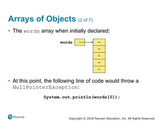Copyright © 2018 Pearson Education, Inc. All Rights Reserved
Arrays of Objects (2 of 7)
• The words array when initially declared:
• At this point, the following line of code would throw a
NullPointerException:
 