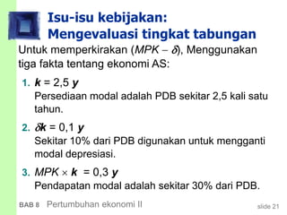 slide 21BAB 8 Pertumbuhan ekonomi II
Isu-isu kebijakan:
Mengevaluasi tingkat tabungan
Untuk memperkirakan (MPK  ), Menggunakan
tiga fakta tentang ekonomi AS:
1. k = 2,5 y
Persediaan modal adalah PDB sekitar 2,5 kali satu
tahun.
2. k = 0,1 y
Sekitar 10% dari PDB digunakan untuk mengganti
modal depresiasi.
3. MPK  k = 0,3 y
Pendapatan modal adalah sekitar 30% dari PDB.
 