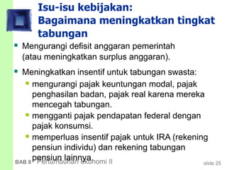 slide 25BAB 8 Pertumbuhan ekonomi II
Isu-isu kebijakan:
Bagaimana meningkatkan tingkat
tabungan
 Mengurangi defisit anggaran pemerintah
(atau meningkatkan surplus anggaran).
 Meningkatkan insentif untuk tabungan swasta:
 mengurangi pajak keuntungan modal, pajak
penghasilan badan, pajak real karena mereka
mencegah tabungan.
 mengganti pajak pendapatan federal dengan
pajak konsumsi.
 memperluas insentif pajak untuk IRA (rekening
pensiun individu) dan rekening tabungan
pensiun lainnya.
 