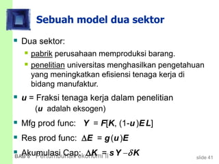 slide 41BAB 8 Pertumbuhan ekonomi II
Sebuah model dua sektor
 Dua sektor:
 pabrik perusahaan memproduksi barang.
 penelitian universitas menghasilkan pengetahuan
yang meningkatkan efisiensi tenaga kerja di
bidang manufaktur.
 u = Fraksi tenaga kerja dalam penelitian
(u adalah eksogen)
 Mfg prod func: Y = F[K, (1-u)EL]
 Res prod func: E = g(u)E
 Akumulasi Cap: K = sY K
 
