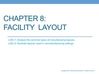 Copyright ©2017 McGraw-Hill Education. All rights reserved.
CHAPTER 8:
FACILITY LAYOUT
Copyright © 2014 by The McGraw-Hill Companies, Inc. All rights reserved.
McGraw-Hill/Irwin
LO8–1: Analyze the common types of manufacturing layouts.
LO8–2: Illustrate layouts used in nonmanufacturing settings.
 
