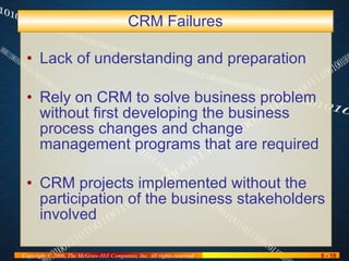 CRM Failures Lack of understanding and preparation Rely on CRM to solve business problem without first developing the business process changes and change management programs that are required CRM projects implemented without the participation of the business stakeholders involved 