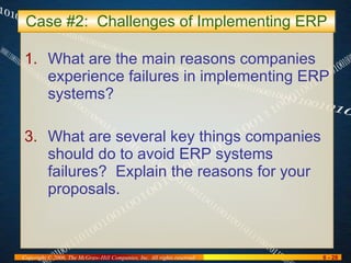 Case #2:  Challenges of Implementing ERP What are the main reasons companies experience failures in implementing ERP systems? What are several key things companies should do to avoid ERP systems failures?  Explain the reasons for your proposals. 