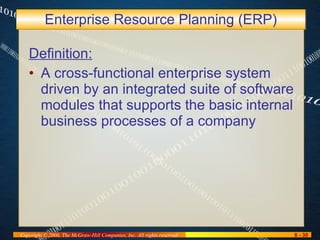 Enterprise Resource Planning (ERP) Definition: A cross-functional enterprise system driven by an integrated suite of software modules that supports the basic internal business processes of a company 