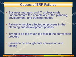 Causes of ERP Failures Business mangers and IT professionals underestimate the complexity of the planning, development, and training needed  Failure to involve affected employees in the planning and development phases Trying to do too much too fast in the conversion process Failure to do enough data conversion and testing 