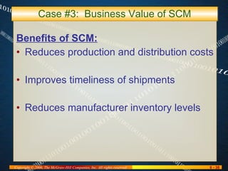 Case #3:  Business Value of SCM Benefits of SCM: Reduces production and distribution costs Improves timeliness of shipments Reduces manufacturer inventory levels 