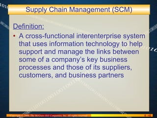 Supply Chain Management (SCM) Definition: A cross-functional interenterprise system that uses information technology to help support and manage the links between some of a company’s key business processes and those of its suppliers, customers, and business partners 