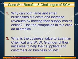 Case #4:  Benefits & Challenges of SCM Why can both large and small businesses cut costs and increase revenues by moving their supply chains online?  Use the companies in this case as examples. What is the business value to Eastman Chemical and W. W. Grainger of their initiatives to help their suppliers and customers do business online? 