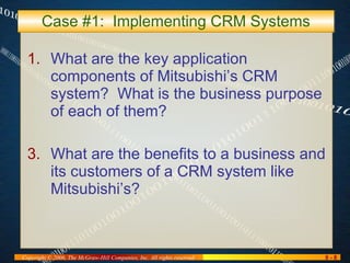Case #1:  Implementing CRM Systems What are the key application components of Mitsubishi’s CRM system?  What is the business purpose of each of them? What are the benefits to a business and its customers of a CRM system like Mitsubishi’s? 