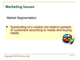Subdividing of a market into distinct subsets of customers according to needs and buying habits. Marketing Issues Market Segmentation 