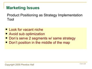 Look for vacant niche Avoid sub optimization Don’s serve 2 segments w/ same strategy Don’t position in the middle of the map Marketing Issues Product Positioning as Strategy Implementation Tool 