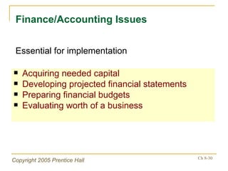 Acquiring needed capital Developing projected financial statements Preparing financial budgets Evaluating worth of a business Finance/Accounting Issues Essential for implementation 