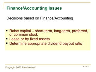 Raise capital – short-term, long-term, preferred, or common stock Lease or by fixed assets Determine appropriate dividend payout ratio Finance/Accounting Issues Decisions based on Finance/Accounting 
