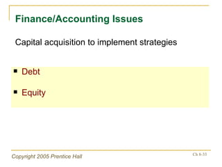 Debt Equity Finance/Accounting Issues Capital acquisition to implement strategies 