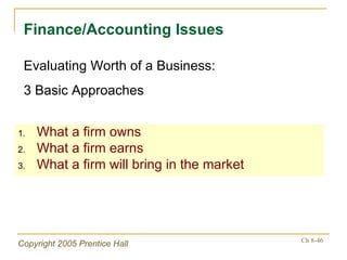 What a firm owns What a firm earns What a firm will bring in the market Finance/Accounting Issues Evaluating Worth of a Business: 3 Basic Approaches 