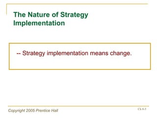 -- Strategy implementation means change. The Nature of Strategy Implementation 