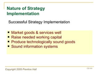 Market goods & services well Raise needed working capital Produce technologically sound goods Sound information systems Nature of Strategy Implementation Successful Strategy Implementation 