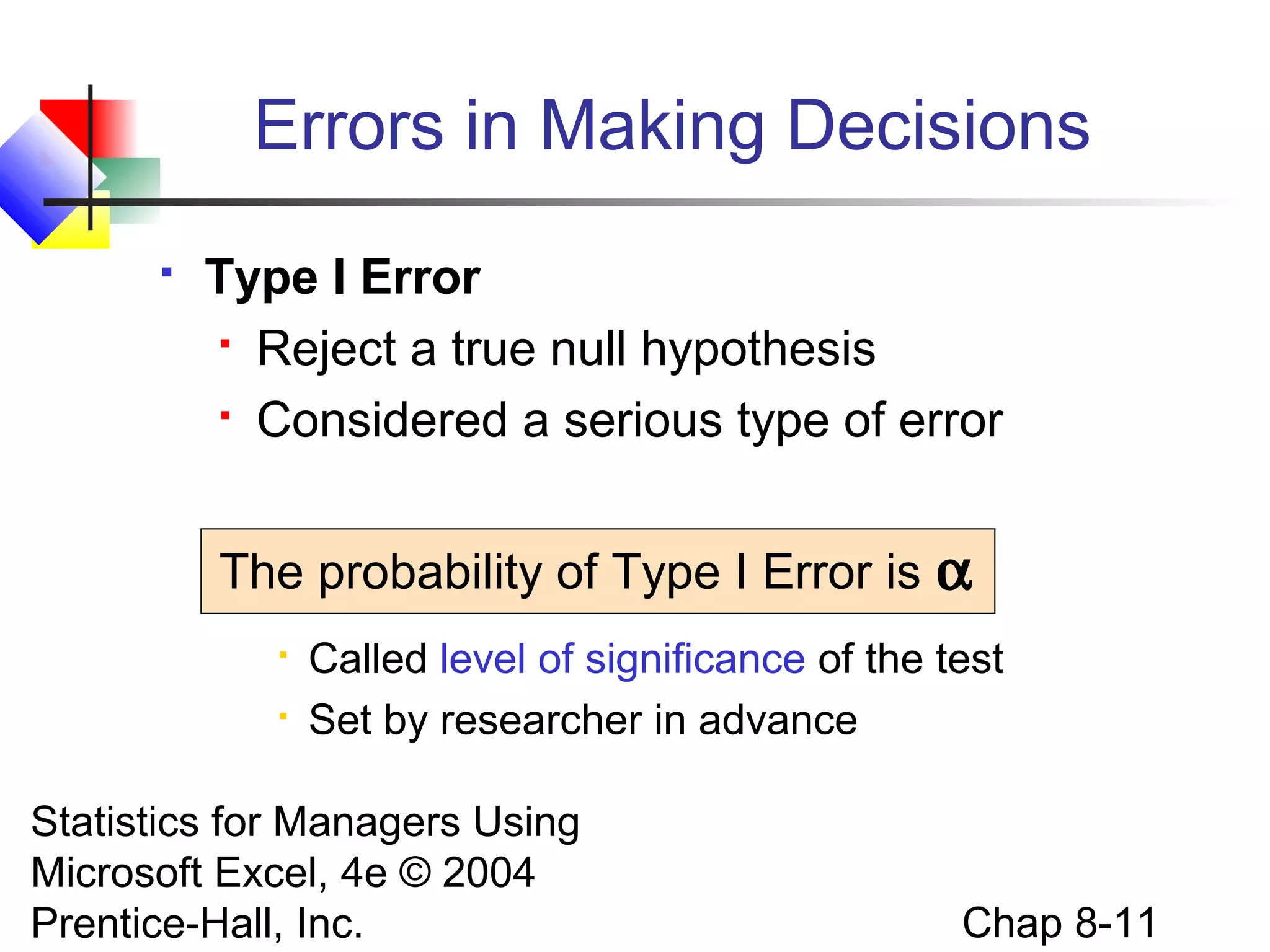 Errors in Making Decisions


Type I Error
 Reject a true null hypothesis
 Considered a serious type of error
The probability of Type I Error is α



Called level of significance of the test
Set by researcher in advance

Statistics for Managers Using
Microsoft Excel, 4e © 2004
Prentice-Hall, Inc.

Chap 8-11

 