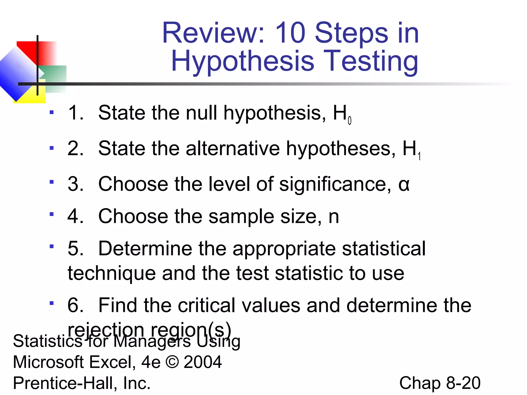 Review: 10 Steps in
Hypothesis Testing


1. State the null hypothesis, H0



2. State the alternative hypotheses, H1



3. Choose the level of significance, α



4. Choose the sample size, n



5. Determine the appropriate statistical
technique and the test statistic to use

6. Find the critical values and determine the
rejection region(s)
Statistics for Managers Using


Microsoft Excel, 4e © 2004
Prentice-Hall, Inc.

Chap 8-20

 