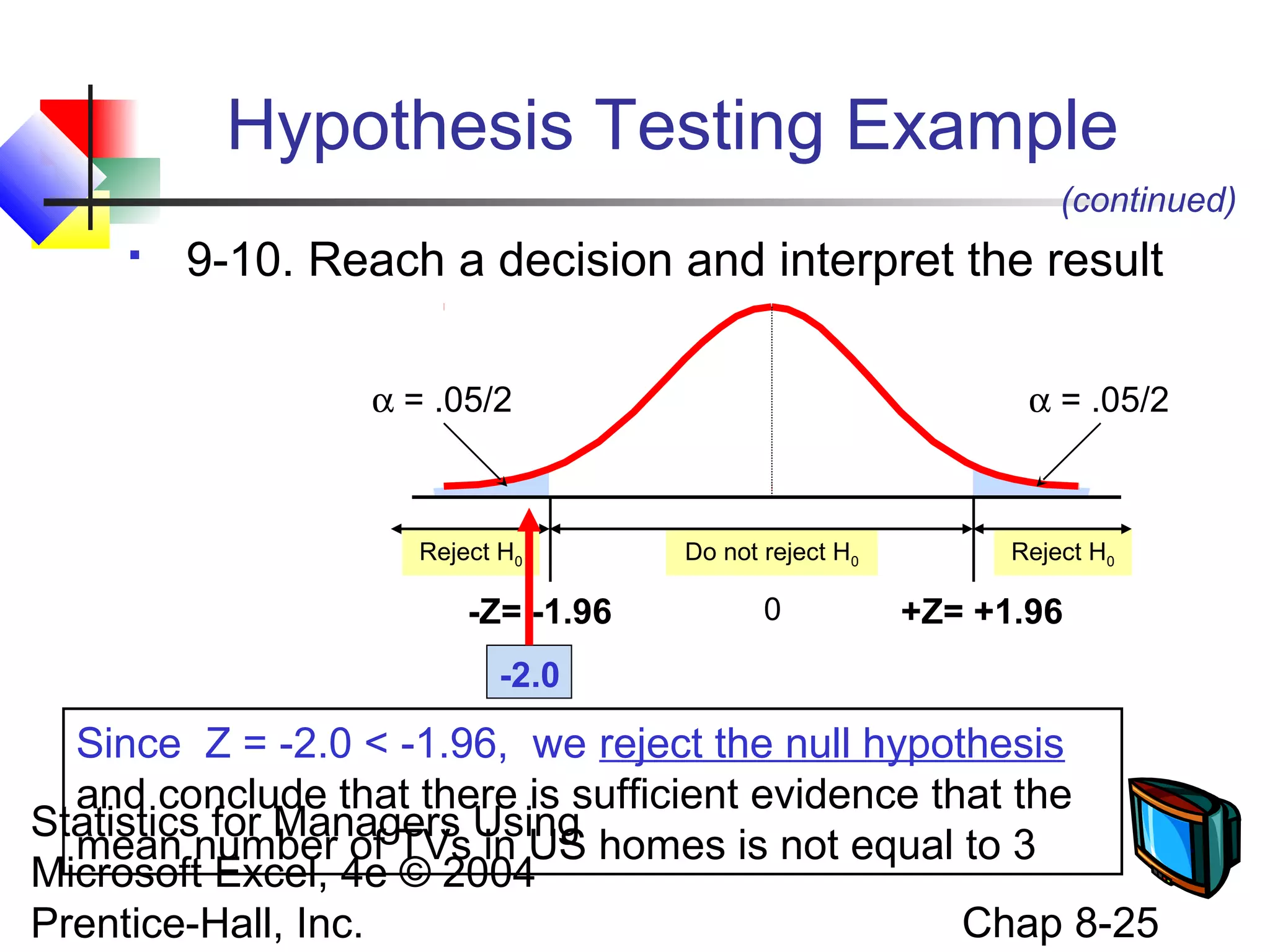 Hypothesis Testing Example
(continued)


9-10. Reach a decision and interpret the result
α = .05/2

Reject H0

-Z= -1.96

α = .05/2

Do not reject H0

0

Reject H0

+Z= +1.96

-2.0

Since Z = -2.0 < -1.96, we reject the null hypothesis
and conclude that there is sufficient evidence that the
Statistics for Managers Using
mean number of TVs in US homes is not equal to 3
Microsoft Excel, 4e © 2004
Chap 8-25
Prentice-Hall, Inc.

 