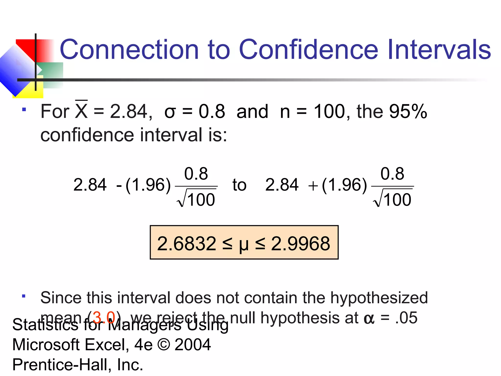 Connection to Confidence Intervals


For X = 2.84, σ = 0.8 and n = 100, the 95%
confidence interval is:
0.8
2.84 - (1.96)
to
100

0.8
2.84 + (1.96)
100

2.6832 ≤ μ ≤ 2.9968
Since this interval does not contain the hypothesized
mean (3.0), we reject the
Statistics for Managers Using null hypothesis at α = .05


Microsoft Excel, 4e © 2004
Prentice-Hall, Inc.

 
