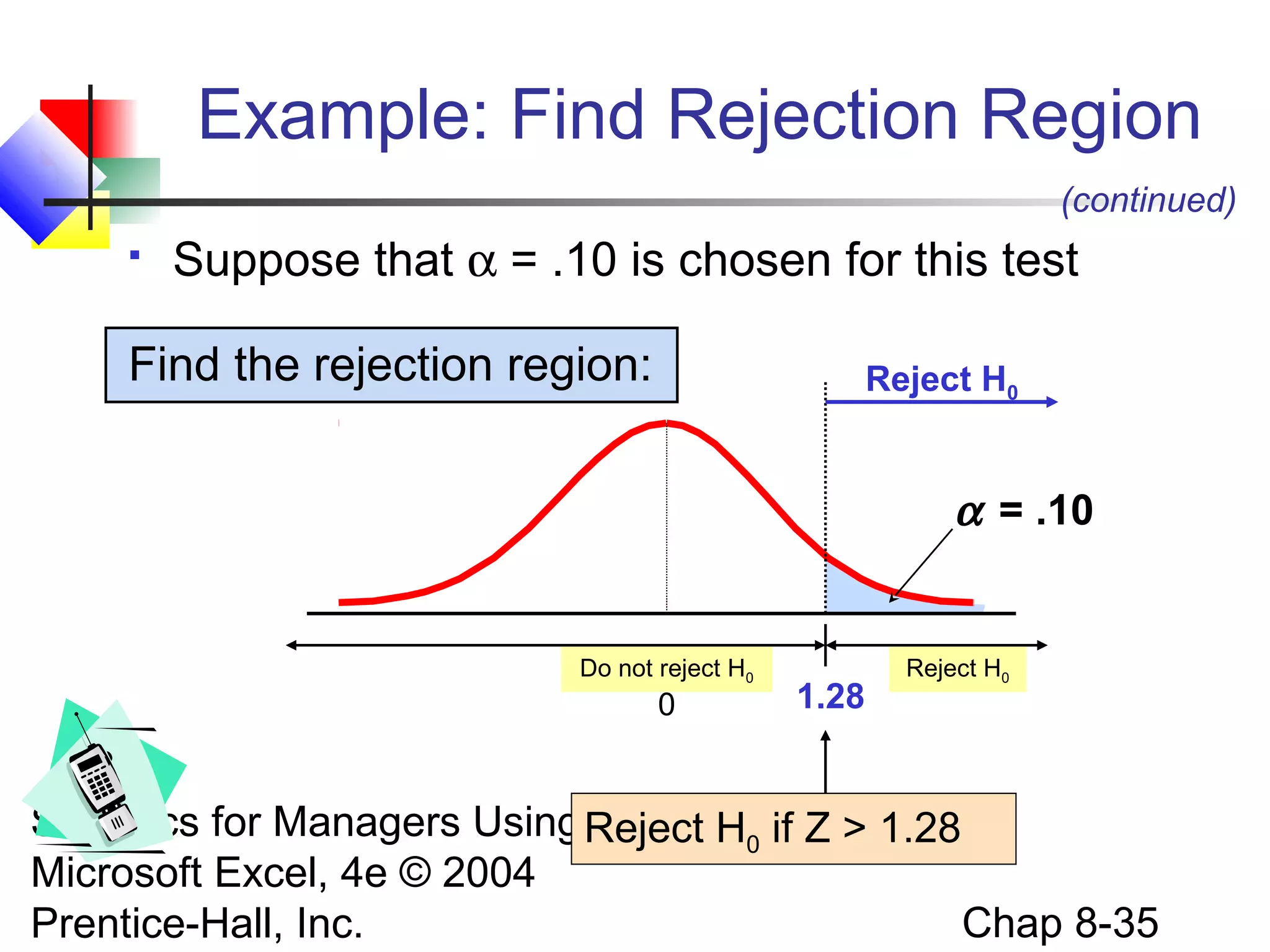 Example: Find Rejection Region
(continued)


Suppose that α = .10 is chosen for this test

Find the rejection region:

Reject H0

α = .10

Do not reject H0

0

1.28

Reject H0

Statistics for Managers Using Reject H0 if Z > 1.28
Microsoft Excel, 4e © 2004
Chap 8-35
Prentice-Hall, Inc.

 
