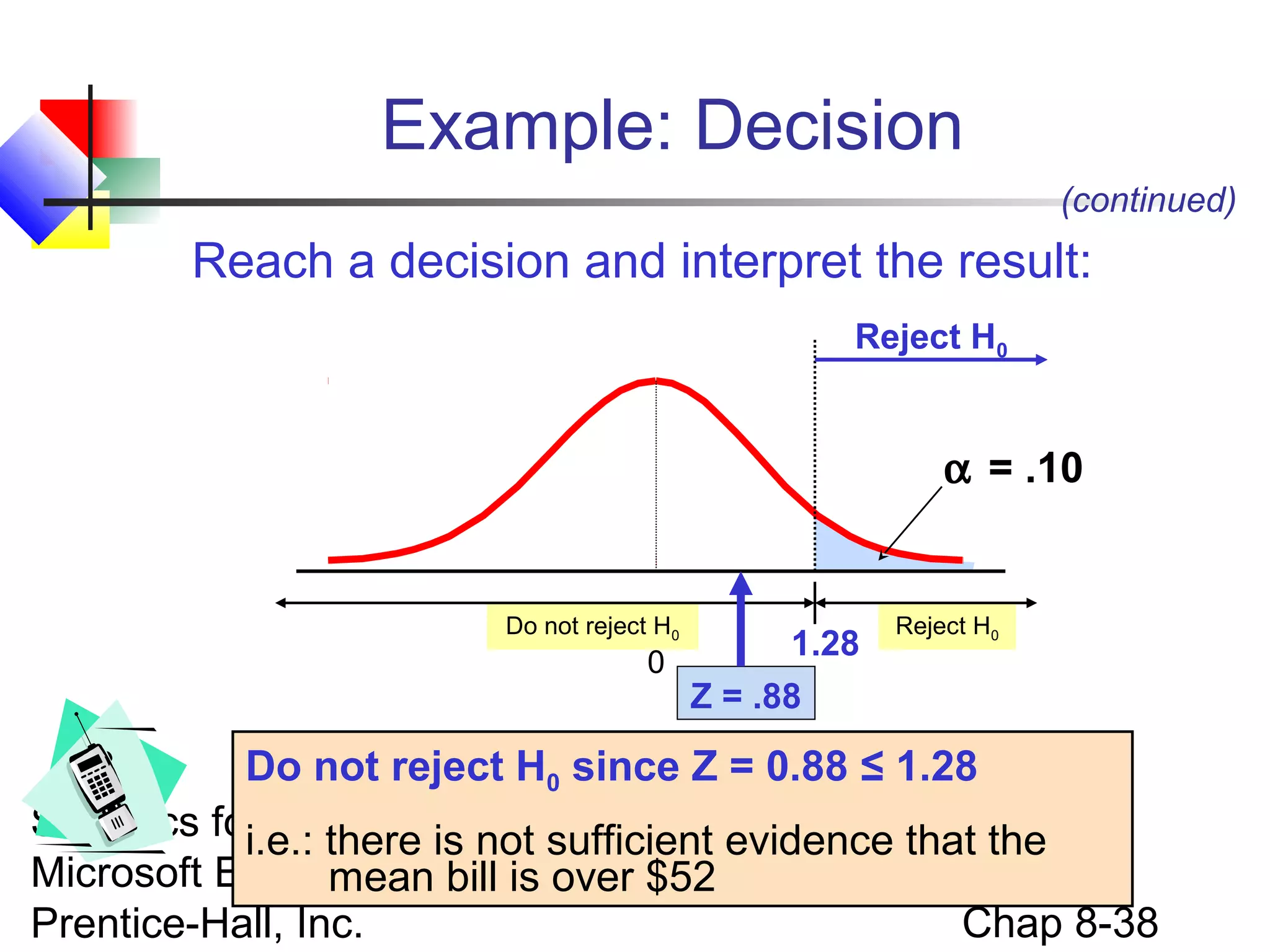 Example: Decision
(continued)

Reach a decision and interpret the result:
Reject H0

α = .10

Do not reject H0

1.28
0
Z = .88

Reject H0

Do not reject H0 since Z = 0.88 ≤ 1.28
Statistics for Managers Using
i.e.: there is not sufficient evidence that the
Microsoft Excel,mean 2004 over $52
4e © bill is
Chap 8-38
Prentice-Hall, Inc.

 