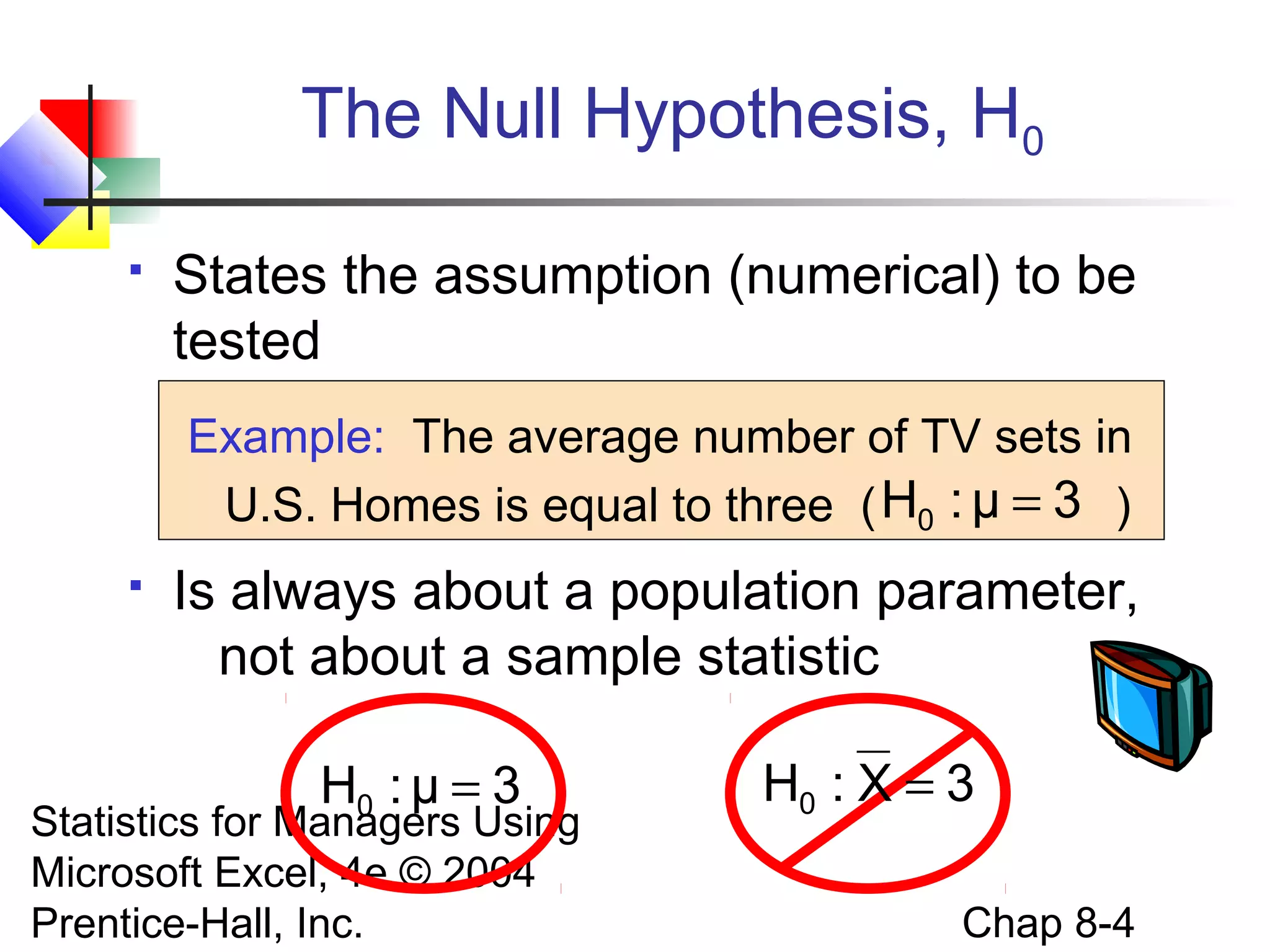 The Null Hypothesis, H0


States the assumption (numerical) to be
tested
Example: The average number of TV sets in
U.S. Homes is equal to three ( H0 : μ = 3 )



Is always about a population parameter,
not about a sample statistic
H0 : μ = 3

Statistics for Managers Using
Microsoft Excel, 4e © 2004
Prentice-Hall, Inc.

H0 : X = 3
Chap 8-4

 