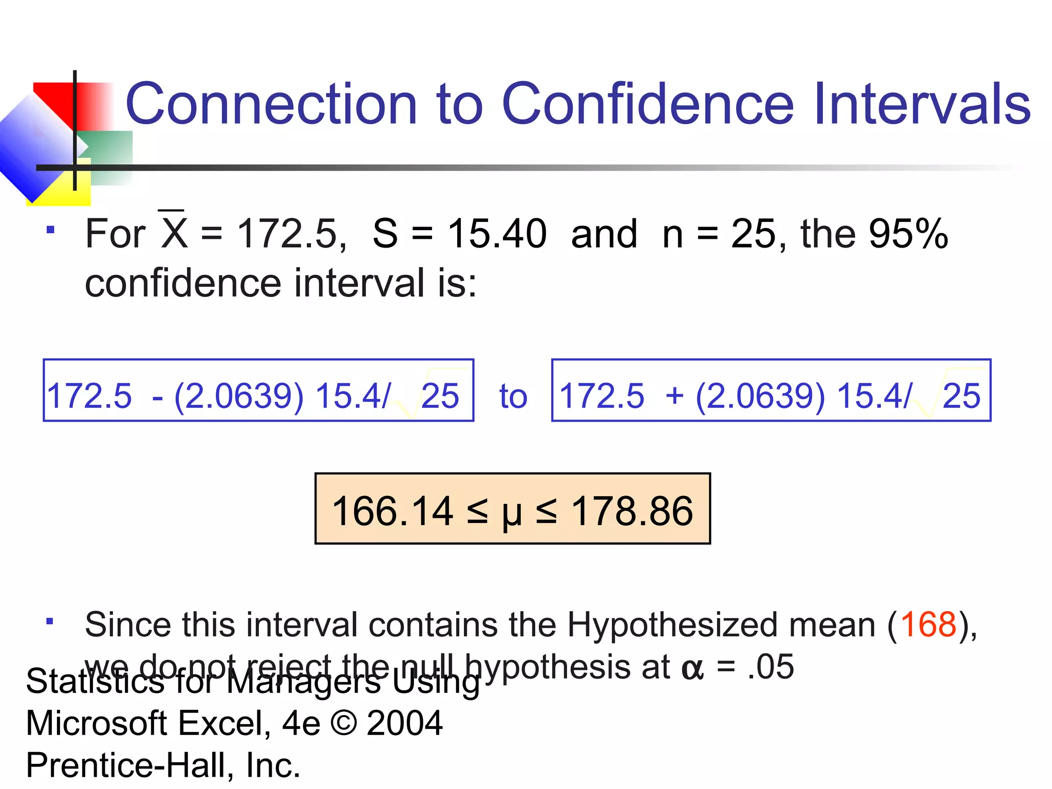 Connection to Confidence Intervals


For X = 172.5, S = 15.40 and n = 25, the 95%
confidence interval is:

172.5 - (2.0639) 15.4/ 25

to 172.5 + (2.0639) 15.4/ 25

166.14 ≤ μ ≤ 178.86
Since this interval contains the Hypothesized mean (168),
we do not reject the null hypothesis at α = .05
Statistics for Managers Using


Microsoft Excel, 4e © 2004
Prentice-Hall, Inc.

 