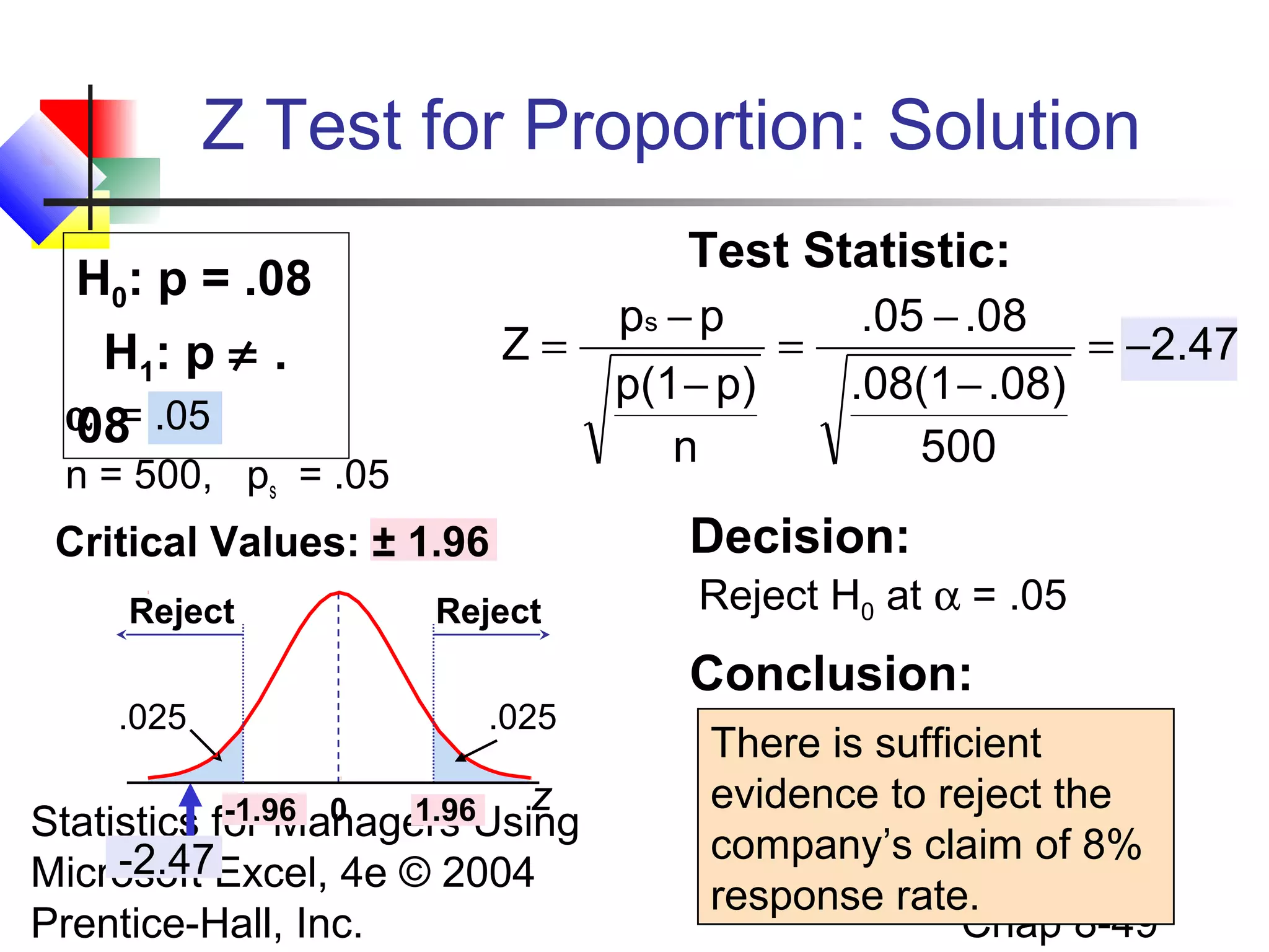 Z Test for Proportion: Solution
Test Statistic:

H0: p = .08
H1: p ≠ .
α = .05
08

Z=

n = 500, ps = .05

Critical Values: ± 1.96
Reject
.025

Reject
.025

z
-1.96 0
1.96Using
for Managers

Statistics
-2.47
Microsoft Excel, 4e © 2004
Prentice-Hall, Inc.

ps − p
=
p(1 − p)
n

.05 − .08
= −2.47
.08(1 − .08)
500

Decision:
Reject H0 at α = .05

Conclusion:
There is sufficient
evidence to reject the
company’s claim of 8%
response rate.
Chap 8-49

 