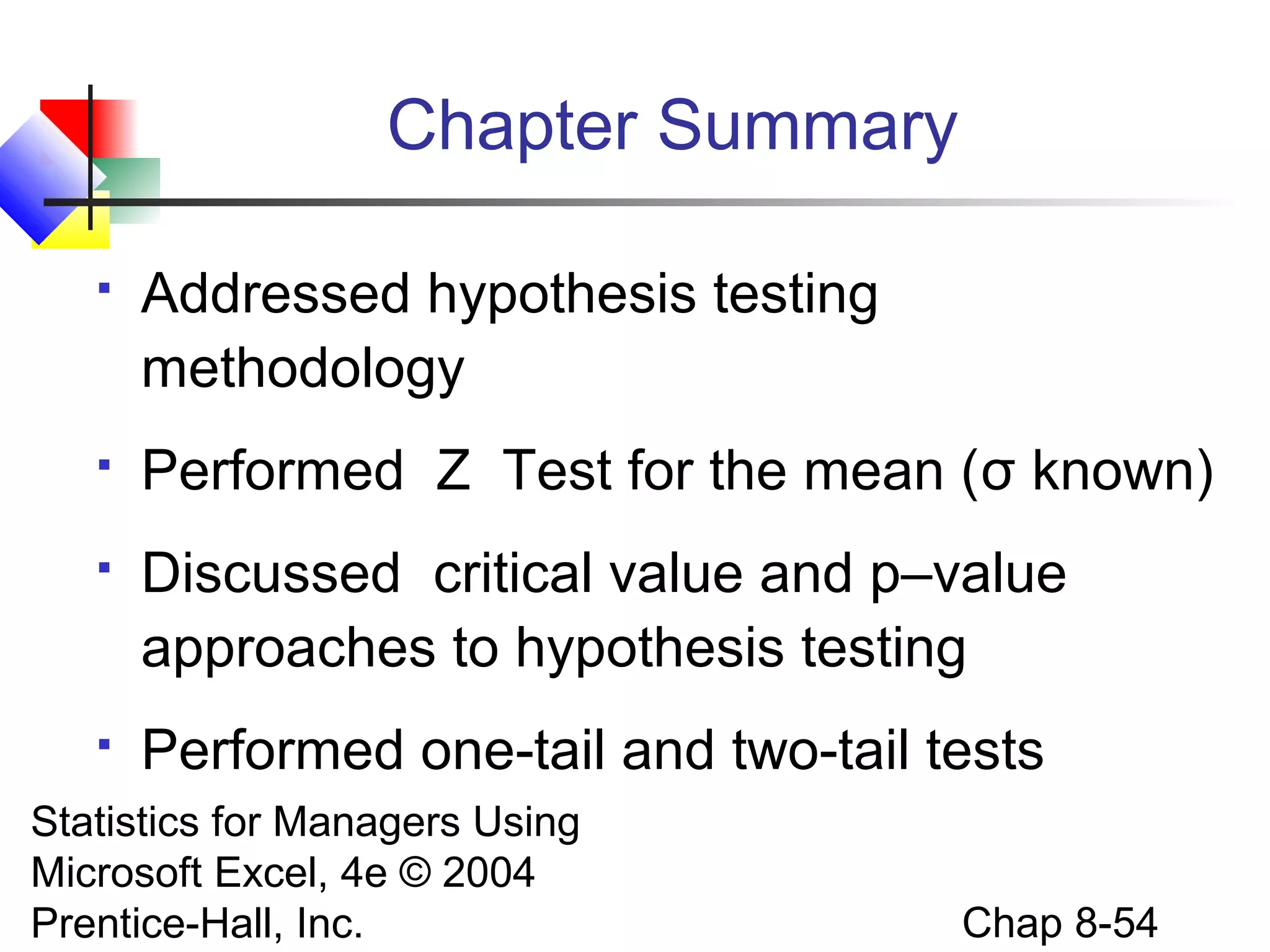 Chapter Summary


Addressed hypothesis testing
methodology



Performed Z Test for the mean (σ known)



Discussed critical value and p–value
approaches to hypothesis testing



Performed one-tail and two-tail tests

Statistics for Managers Using
Microsoft Excel, 4e © 2004
Prentice-Hall, Inc.

Chap 8-54

 