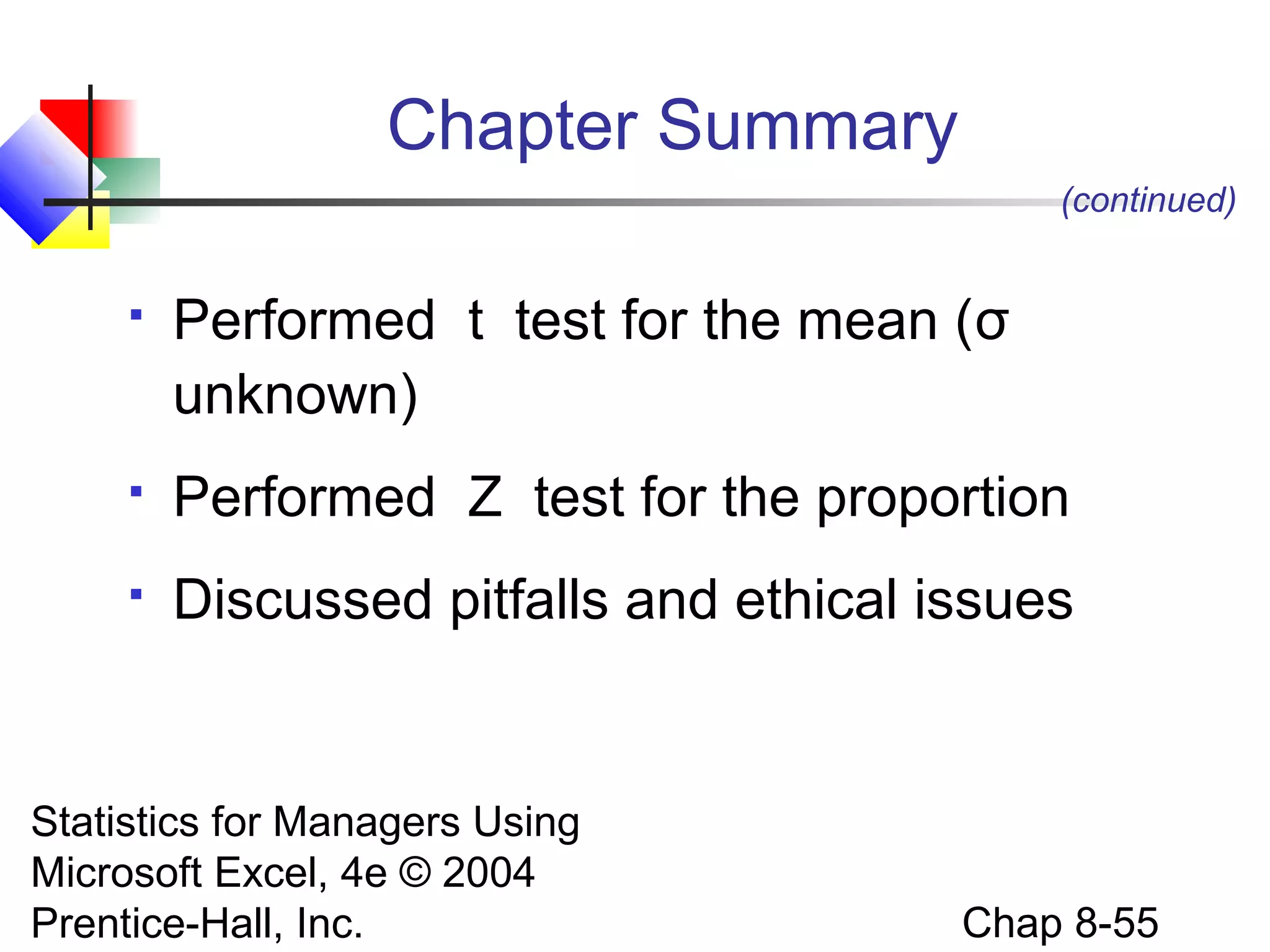 Chapter Summary
(continued)


Performed t test for the mean (σ
unknown)



Performed Z test for the proportion



Discussed pitfalls and ethical issues

Statistics for Managers Using
Microsoft Excel, 4e © 2004
Prentice-Hall, Inc.

Chap 8-55

 
