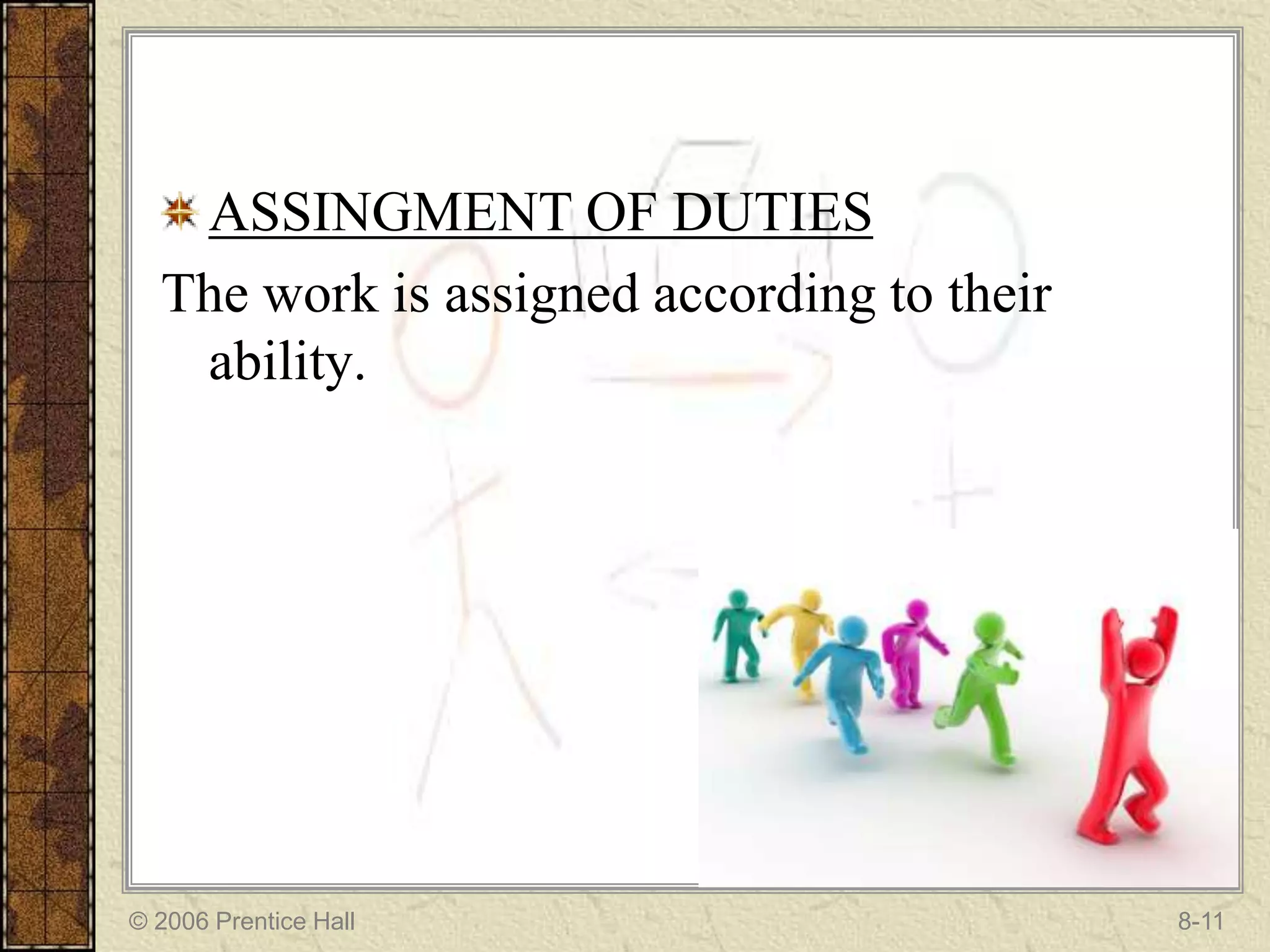 ASSINGMENT OF DUTIES
  The work is assigned according to their
   ability.




© 2006 Prentice Hall                        8-11
 