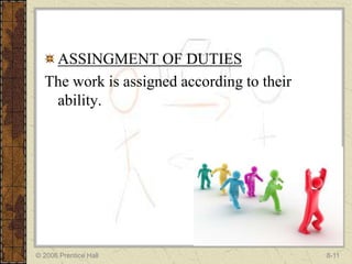 ASSINGMENT OF DUTIES
  The work is assigned according to their
   ability.




© 2006 Prentice Hall                        8-11
 