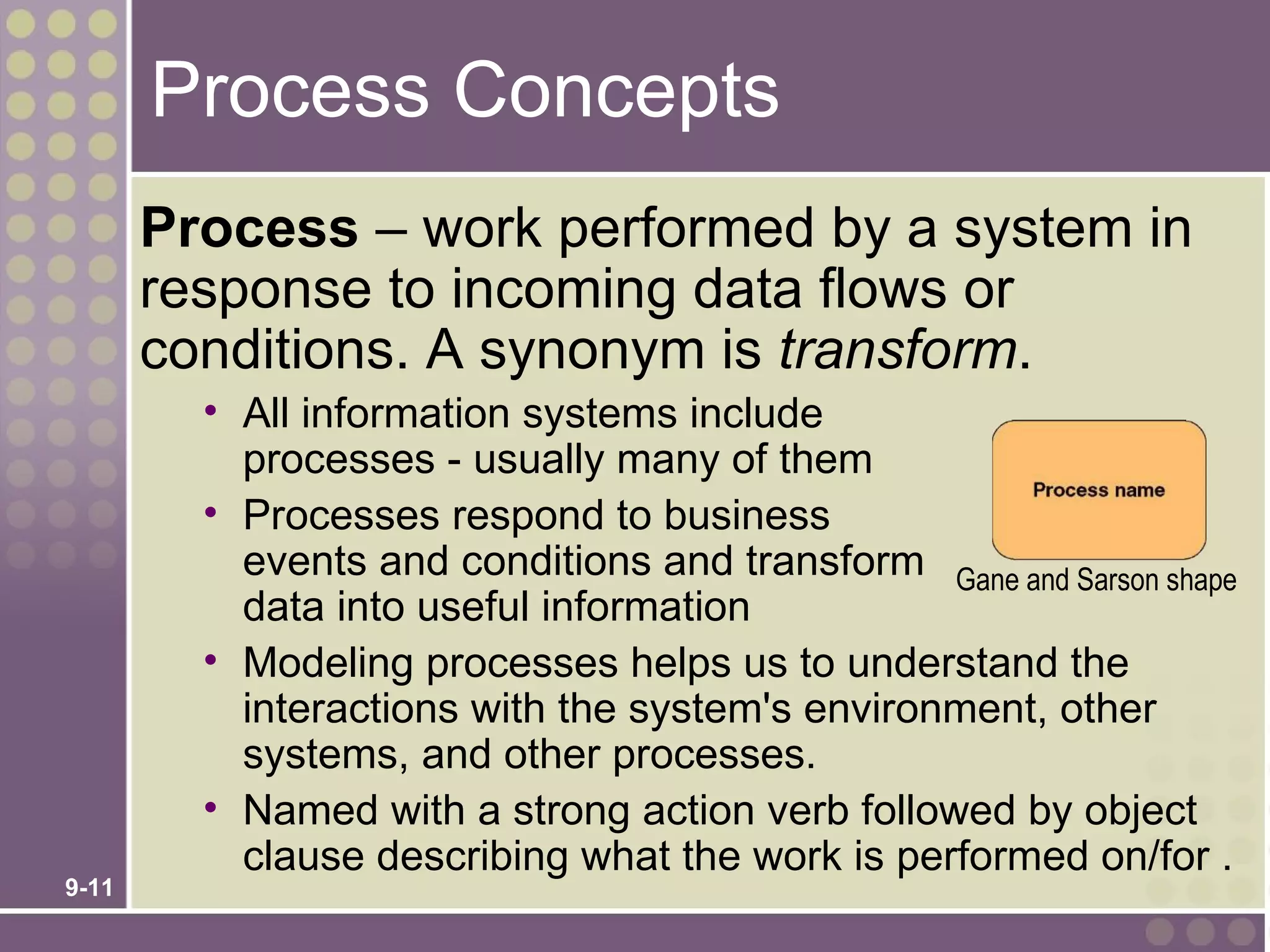Process Concepts
       Process – work performed by a system in
       response to incoming data flows or
       conditions. A synonym is transform.
         • All information systems include
           processes - usually many of them
         • Processes respond to business
           events and conditions and transform Gane and Sarson shape
           data into useful information
         • Modeling processes helps us to understand the
           interactions with the system's environment, other
           systems, and other processes.
         • Named with a strong action verb followed by object
           clause describing what the work is performed on/for .
9-11
 