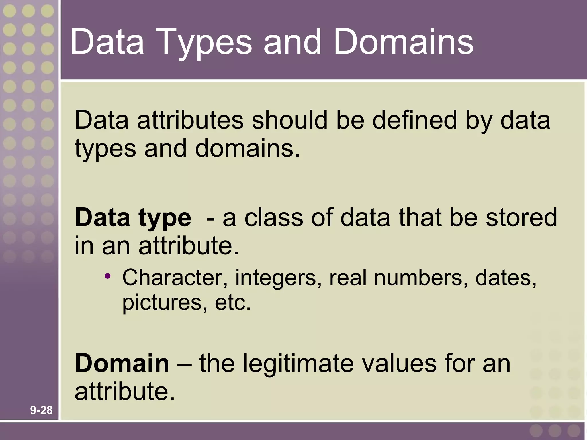 Data Types and Domains

       Data attributes should be defined by data
       types and domains.

       Data type - a class of data that be stored
       in an attribute.
         • Character, integers, real numbers, dates,
           pictures, etc.

       Domain – the legitimate values for an
       attribute.
9-28
 