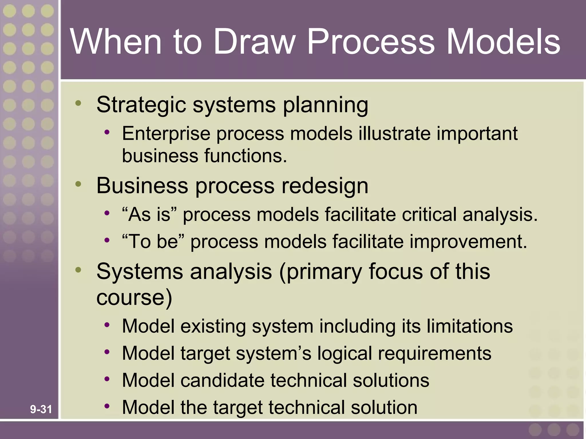 When to Draw Process Models
       • Strategic systems planning
         • Enterprise process models illustrate important
           business functions.
       • Business process redesign
         • “As is” process models facilitate critical analysis.
         • “To be” process models facilitate improvement.
       • Systems analysis (primary focus of this
         course)
         •   Model existing system including its limitations
         •   Model target system’s logical requirements
         •   Model candidate technical solutions
9-31     •   Model the target technical solution
 